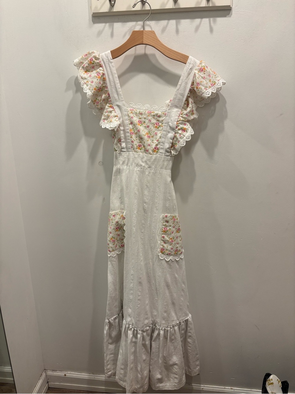 Young Edwardian White Eyelet Maxi Dress with Pink & Yellow Floral Trim